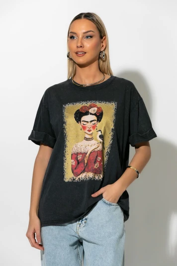 T-Shirt με στάμπα Frida art ανθρακί