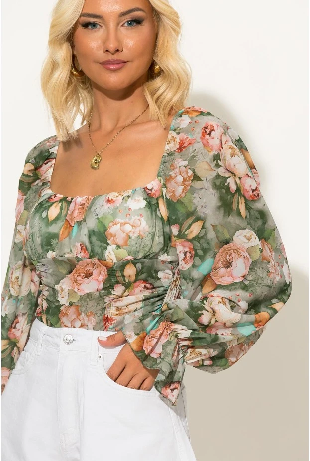 Μπλούζα τούλινη floral με σούρες λαδί