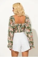 Μπλούζα τούλινη floral με σούρες λαδί