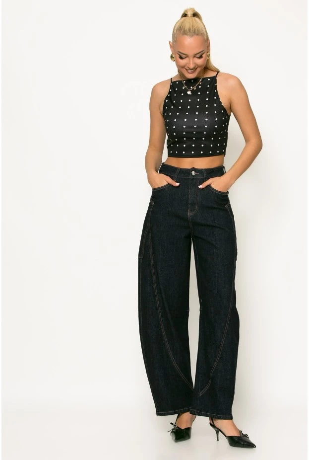 Crop top τιραντέ πουά μαύρο