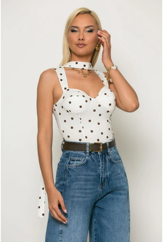 Μπλούζα πουά με cups και φουλάρι λευκό καφέ