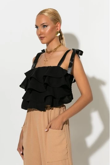 Crop top με βολάν και τιράντα κορδέλα κίτρινο