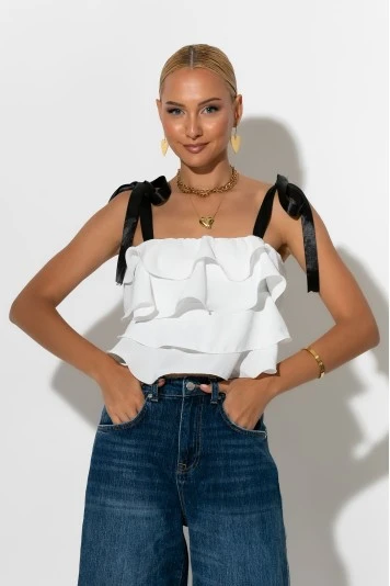 Crop top με βολάν και τιράντα κορδέλα μαύρο