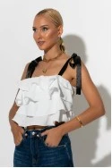 Crop top με βολάν και τιράντα κορδέλα λευκό Crop top με βολάν και τιράντα κορδέλα λευκό