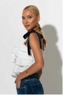Crop top με βολάν και τιράντα κορδέλα λευκό Crop top με βολάν και τιράντα κορδέλα λευκό