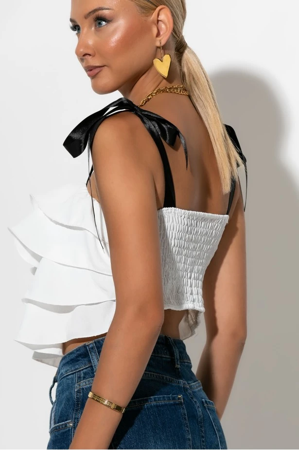Crop top με βολάν και τιράντα κορδέλα λευκό Crop top με βολάν και τιράντα κορδέλα λευκό
