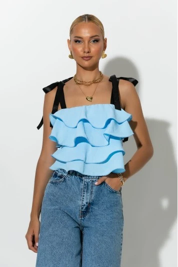 Crop top με βολάν και τιράντα κορδέλα κίτρινο