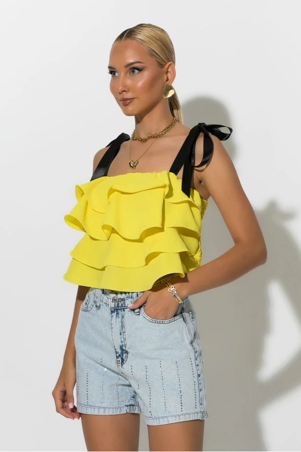 Crop top με βολάν και τιράντα κορδέλα κίτρινο Crop top με βολάν και τιράντα κορδέλα κίτρινο