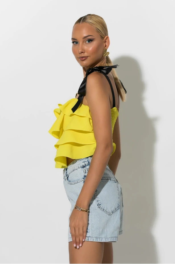 Crop top με βολάν και τιράντα κορδέλα κίτρινο Crop top με βολάν και τιράντα κορδέλα κίτρινο