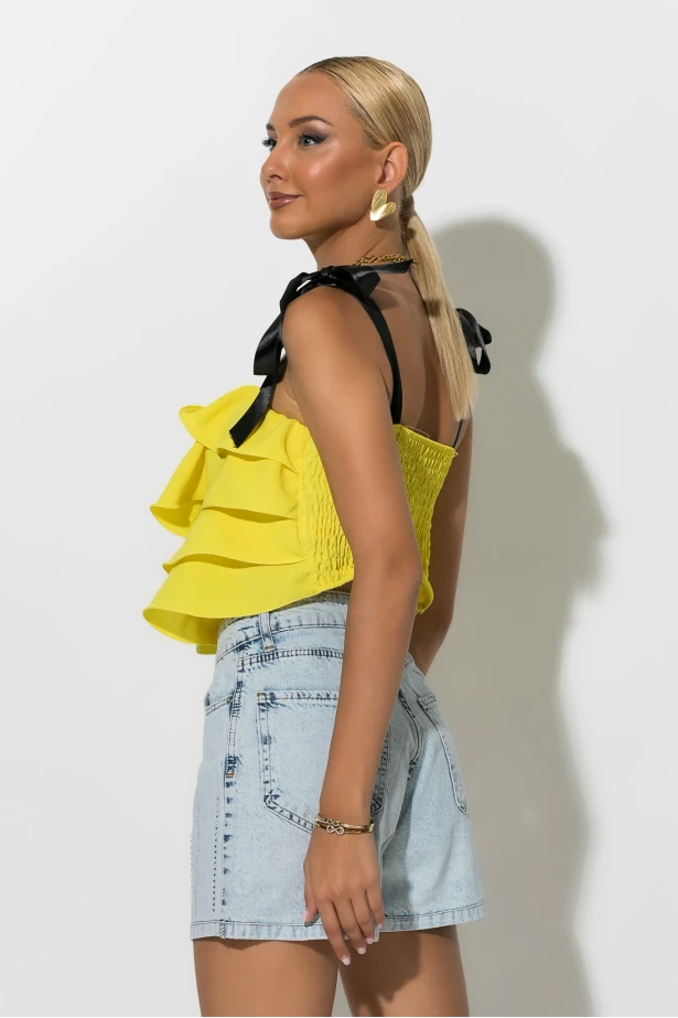 Crop top με βολάν και τιράντα κορδέλα κίτρινο Crop top με βολάν και τιράντα κορδέλα κίτρινο