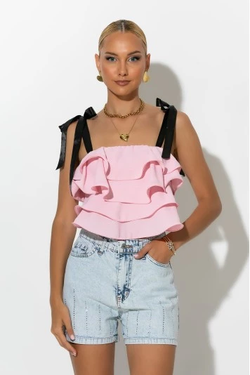 Crop top με βολάν και τιράντα κορδέλα κίτρινο