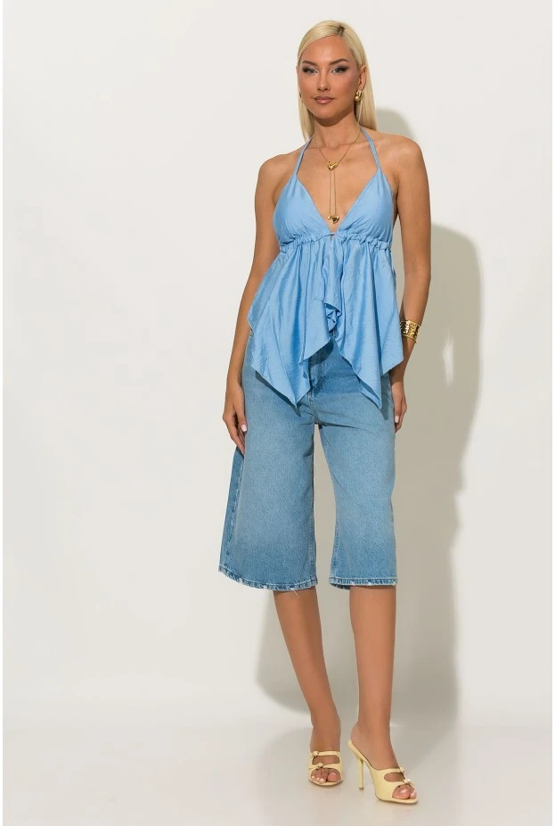 Halter top με cups και δέσιμο στο λαιμό και στην πλάτη σιέλ