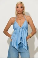 Halter top με cups και δέσιμο στο λαιμό και στην πλάτη σιέλ