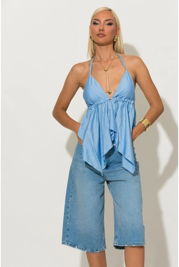 Halter top με cups και δέσιμο στο λαιμό και στην πλάτη σιέλ