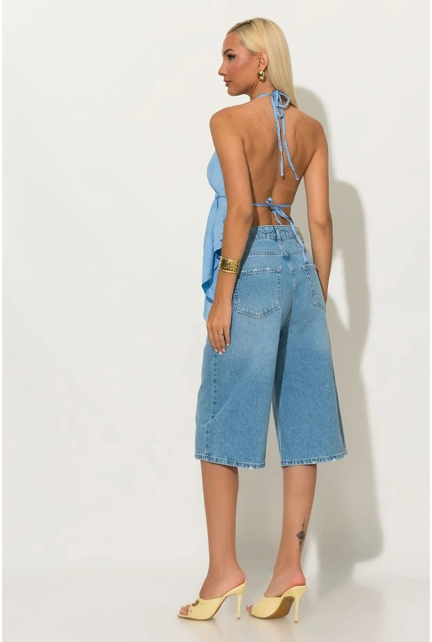 Halter top με cups και δέσιμο στο λαιμό και στην πλάτη σιέλ