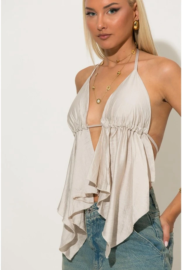Halter top με cups και δέσιμο στο λαιμό και στην πλάτη μπεζ