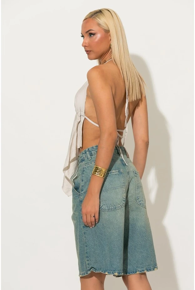 Halter top με cups και δέσιμο στο λαιμό και στην πλάτη μπεζ
