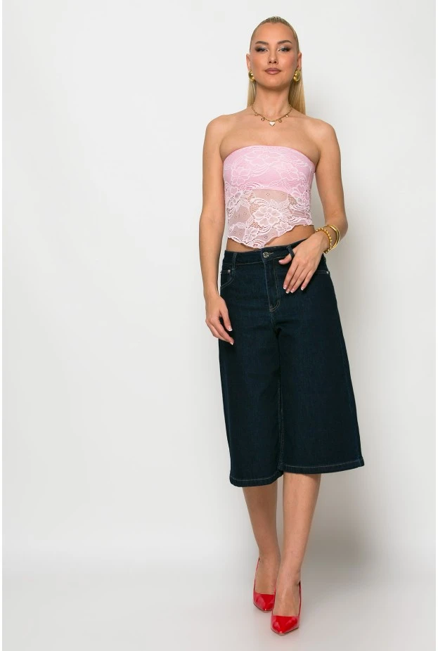 Crop top στράπλες δαντέλα ροζ