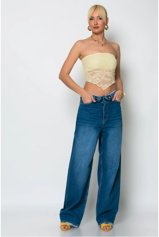 Crop top στράπλες δαντέλα κίτρινο