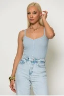 Crop top ριπ τιραντέ με διακοσμητικά κουμπιά σιέλ
