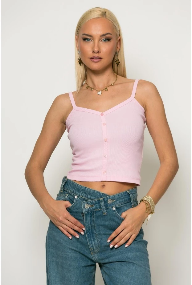 Crop top ριπ τιραντέ με διακοσμητικά κουμπιά ροζ