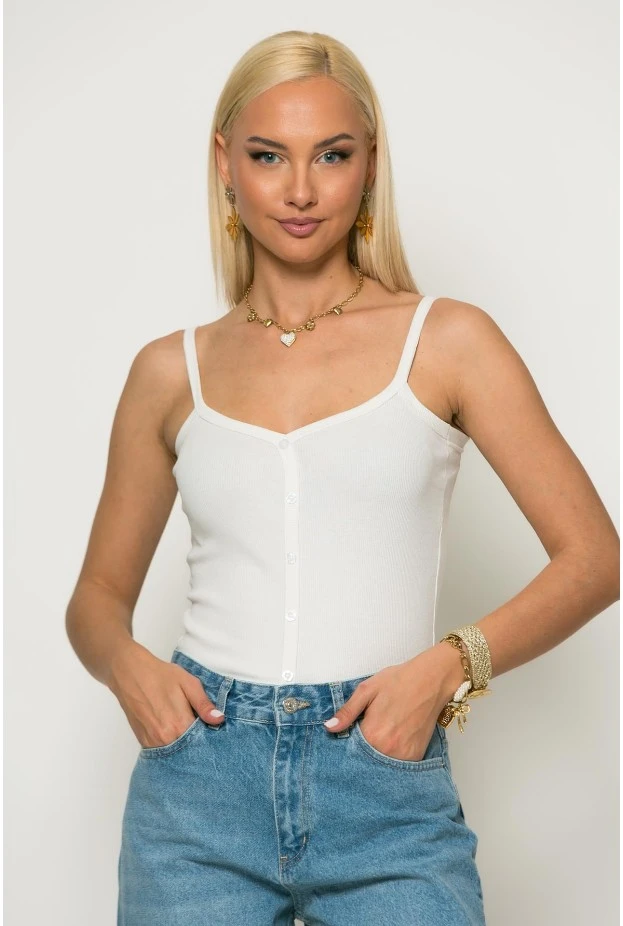 Crop top ριπ τιραντέ με διακοσμητικά κουμπιά λευκό