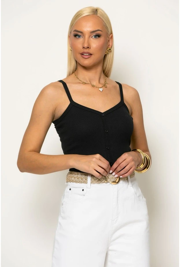 Crop top ριπ τιραντέ με διακοσμητικά κουμπιά μαύρο