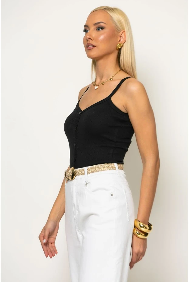 Crop top ριπ τιραντέ με διακοσμητικά κουμπιά μαύρο