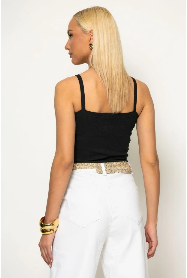 Crop top ριπ τιραντέ με διακοσμητικά κουμπιά μαύρο