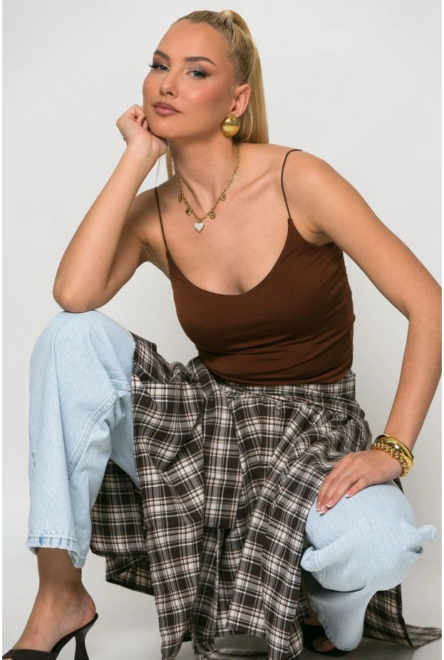 Crop top με λεπτή τιράντα καφέ