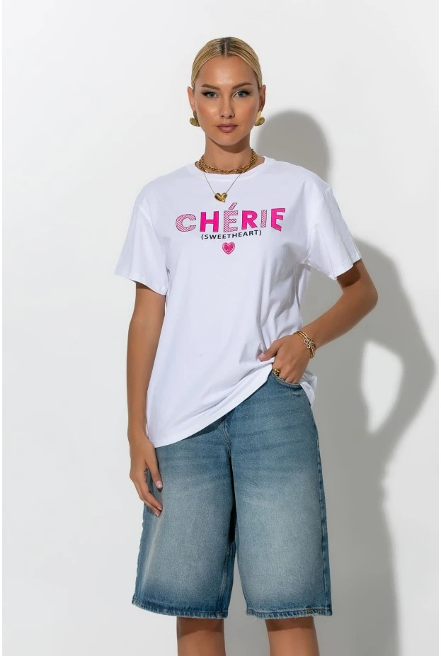 Oversized t-shirt με στάμπα cherie λευκό-ροζ 