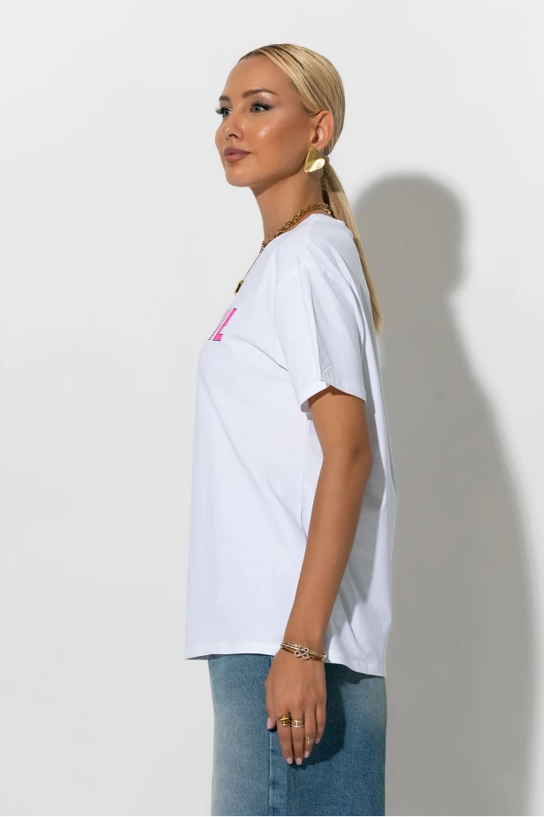 Oversized t-shirt με στάμπα cherie λευκό-ροζ Oversized t-shirt με στάμπα cherie λευκό-ροζ