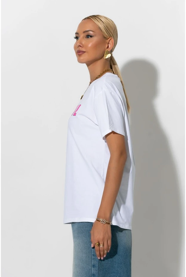 Oversized t-shirt με στάμπα cherie λευκό-ροζ 
