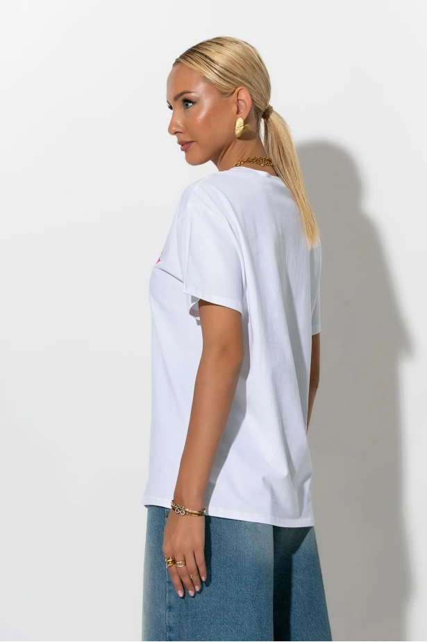 Oversized t-shirt με στάμπα cherie λευκό-ροζ Oversized t-shirt με στάμπα cherie λευκό-ροζ