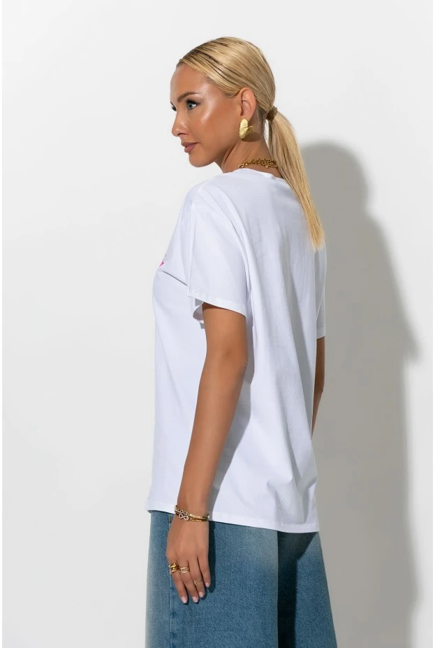 Oversized t-shirt με στάμπα cherie λευκό-ροζ 