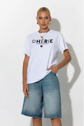 Oversized t-shirt με στάμπα cherie μαύρο-μπεζ