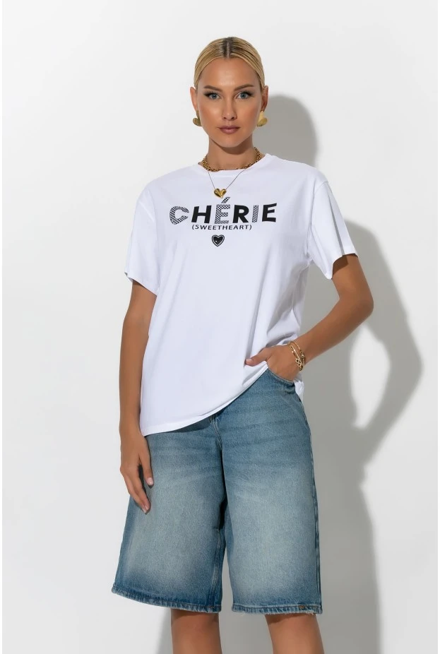 Oversized t-shirt με στάμπα cherie λευκό-μαύρο