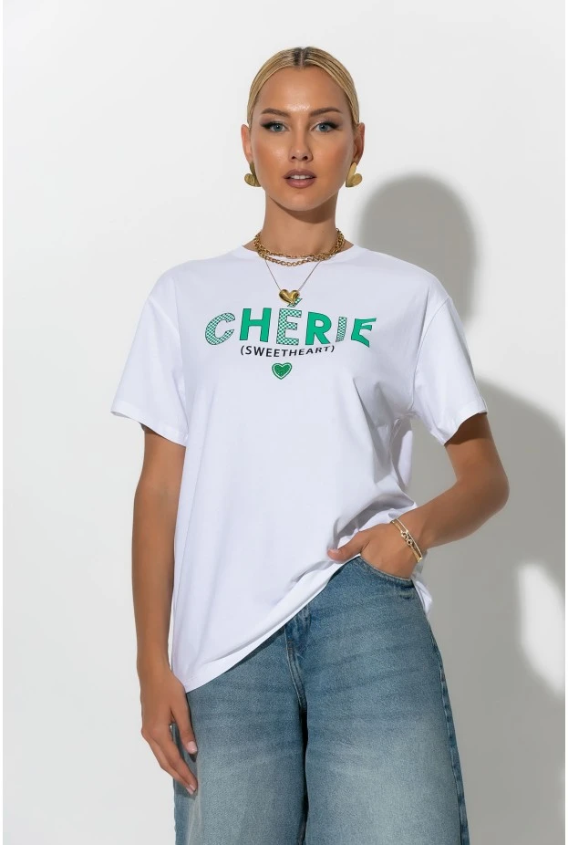 Oversized t-shirt με στάμπα cherie λευκό-πράσινο