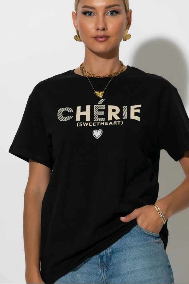 Oversized t-shirt με στάμπα cherie μαύρο-μπεζ Oversized t-shirt με στάμπα cherie μαύρο-μπεζ