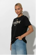 Oversized t-shirt με στάμπα cherie μαύρο-μπεζ Oversized t-shirt με στάμπα cherie μαύρο-μπεζ