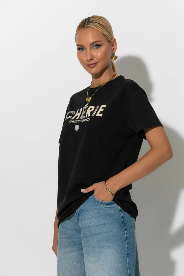 Oversized t-shirt με στάμπα cherie μαύρο-μπεζ Oversized t-shirt με στάμπα cherie μαύρο-μπεζ