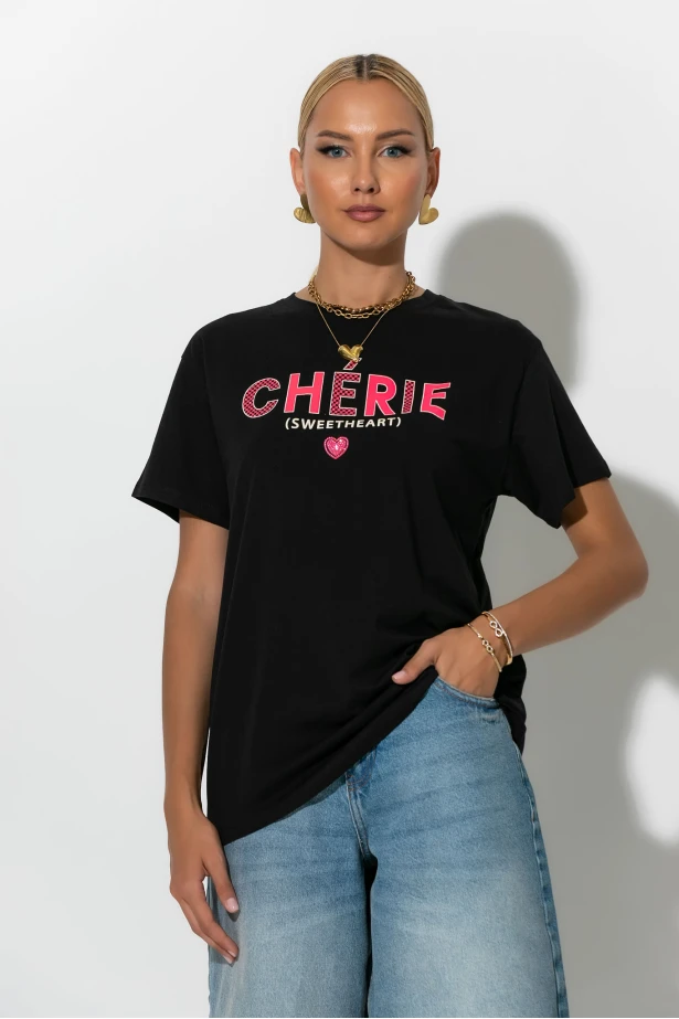 Oversized t-shirt με στάμπα cherie μαύρο-ροζ Oversized t-shirt με στάμπα cherie μαύρο-ροζ