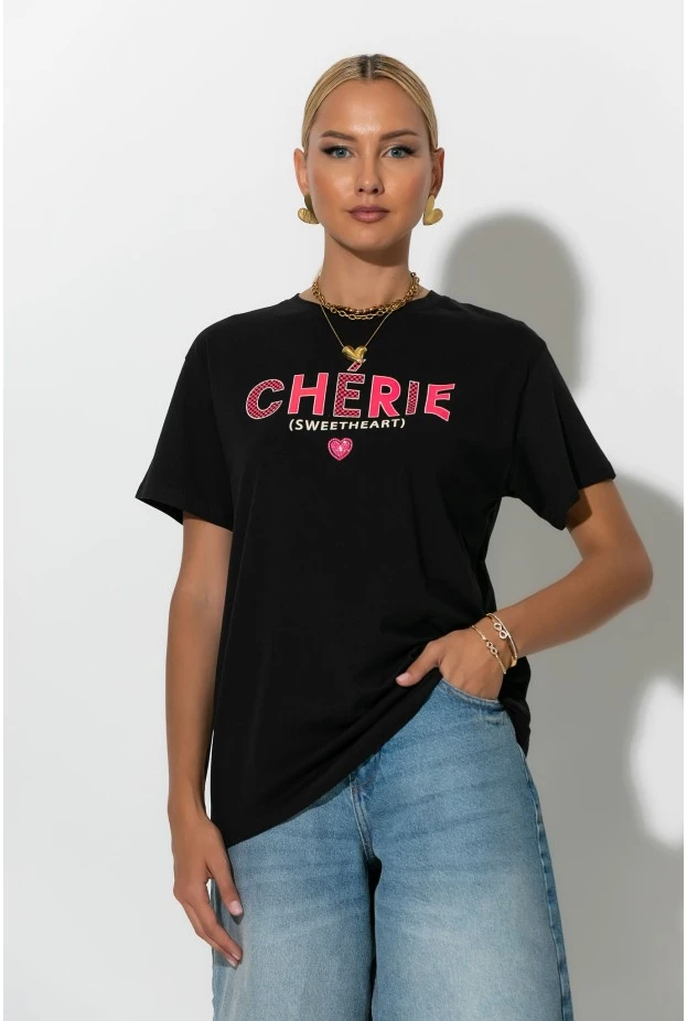 Oversized t-shirt με στάμπα cherie μαύρο-ροζ
