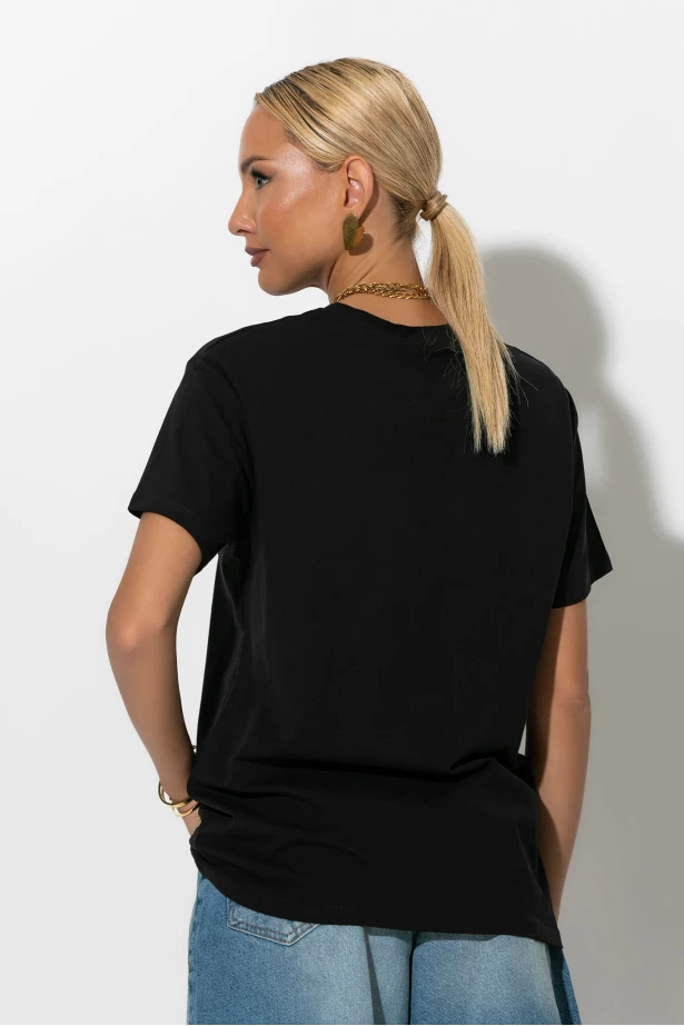 Oversized t-shirt με στάμπα cherie μαύρο-ροζ Oversized t-shirt με στάμπα cherie μαύρο-ροζ