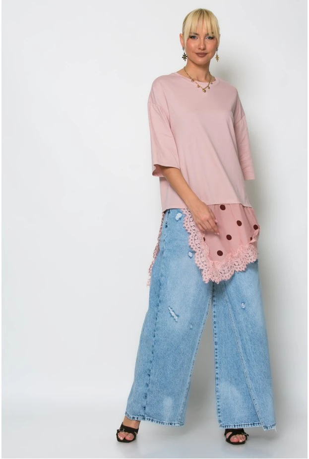 Oversized μπλούζα με ασύμμετρη σατέν πουά λεπτομέρεια ροζ
