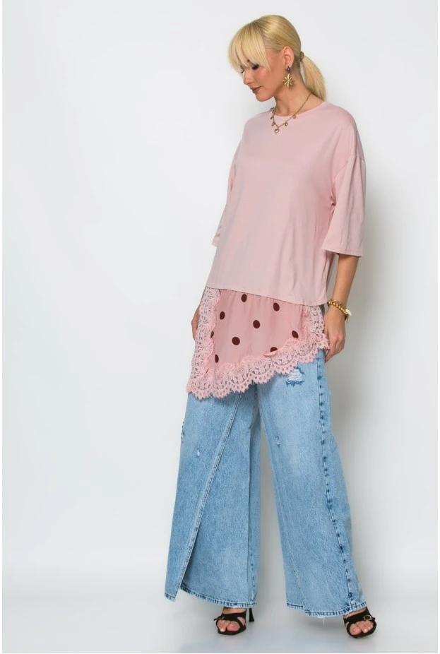Oversized μπλούζα με ασύμμετρη σατέν πουά λεπτομέρεια ροζ