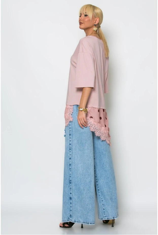 Oversized μπλούζα με ασύμμετρη σατέν πουά λεπτομέρεια ροζ