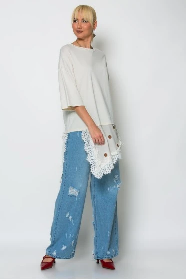 Oversized μπλούζα με ασύμμετρη σατέν πουά λεπτομέρεια ροζ