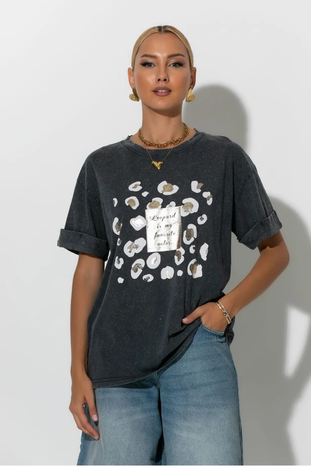 T-Shirt με στάμπα leopard ανθρακί T-Shirt με στάμπα leopard ανθρακί