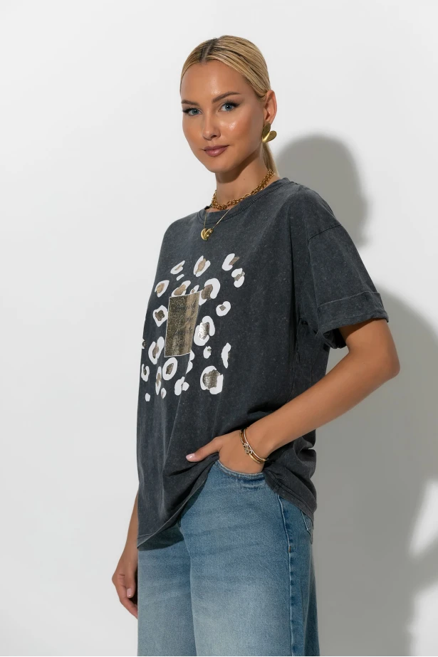 T-Shirt με στάμπα leopard ανθρακί T-Shirt με στάμπα leopard ανθρακί